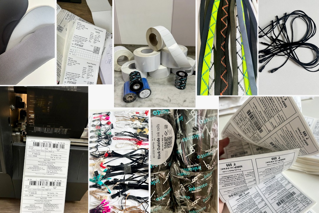 Barcode and MRP labels, ribbon rolls, seal tags and laces manufactured by Creative Arts