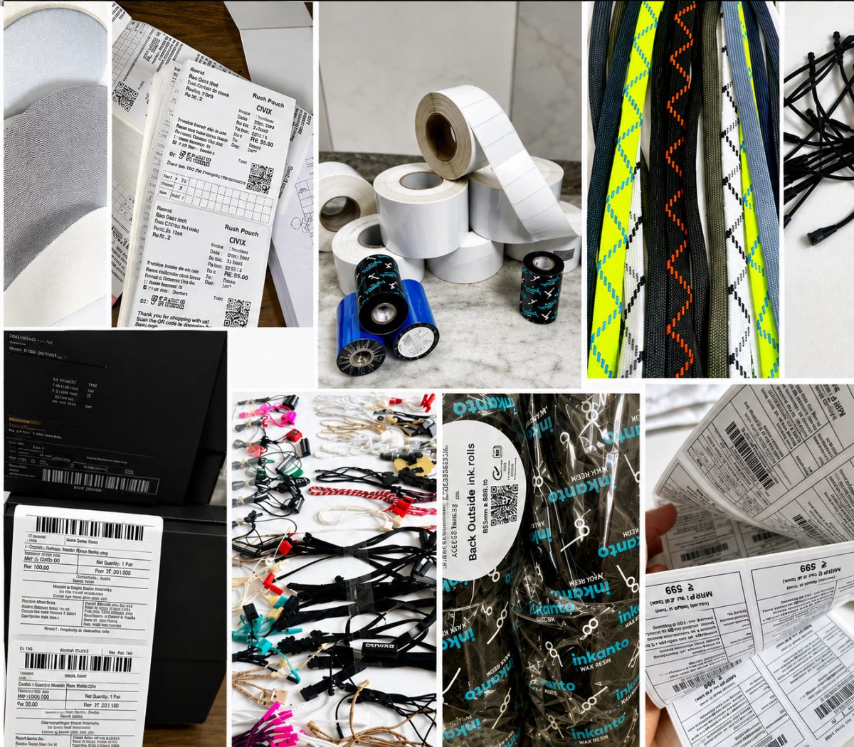 Barcode and MRP labels, ribbon rolls, seal tags, laces and carton labels made by Creative Arts